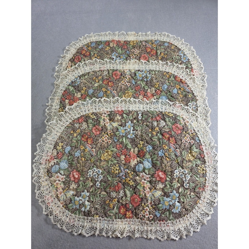 Vintage Floral Quilted Placemats Boho 80's Lace Ruffle Butterflies Flowers Set 3